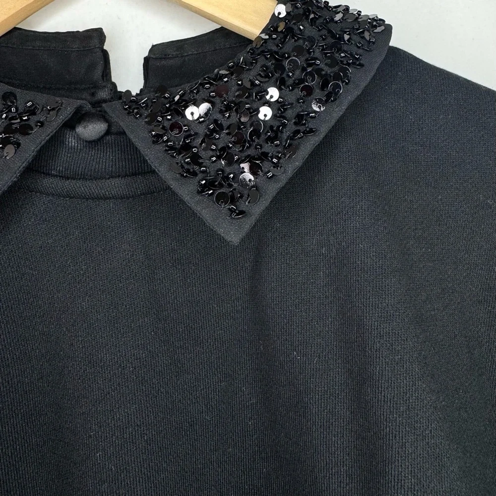 J Crew Black Sequin embellished Collar Sweatshirt Women’s X Small 4 Glam preppy